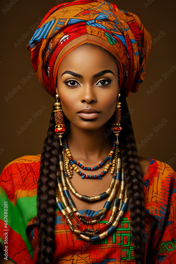 African young girl wearing national costume and colored scarf on her head on colored background. African young girl wearing national costume and colored scarf on her head on colored background.