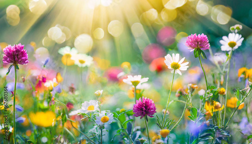 colorful flower meadow with sunbeams and bokeh lights in summer nature background banner with copy space summer greeting card wildflowers spring concept