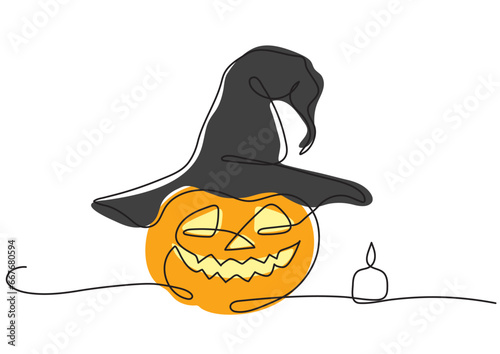 One line vector pumpkin with a hat and a candle for Halloween