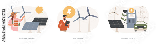 Clean energy isolated concept vector illustration set. Renewable energy, wind power, alternative fuel, solar panels, green electricity, charging station, light bulb, windfarm vector concept.
