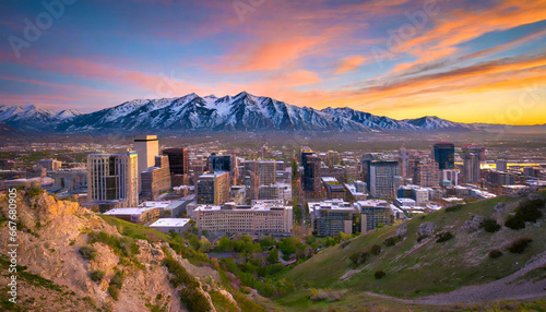salt lake city skyline at sunset with wasatch mountains in the background utah photo