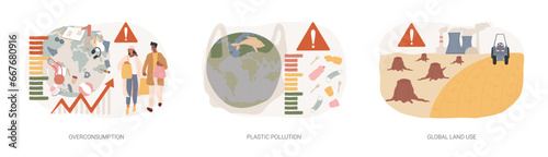 Global pollution problem isolated concept vector illustration set. Overconsumption and plastic pollution, global land use, globalization and food production, overpopulation problem vector concept.