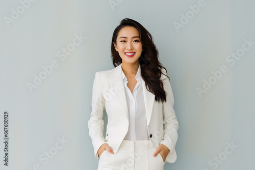 Young smiling Asian looking woman in business white suit on gray background.