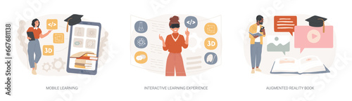 Interactive learning isolated concept vector illustration set. Mobile learning, augmented reality book, m-learning application, e-learning platform software, digital content vector concept.