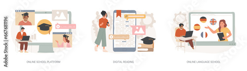 Online education isolated concept vector illustration set. Online school platform, digital reading, language school, homeschooling, education platform, recorded video classes vector concept.