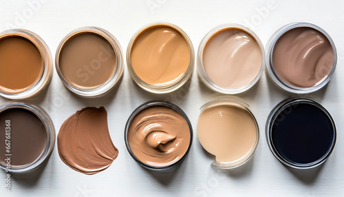 different shades of liquid skin foundation on white background top view set with samples of makeup product