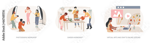Free educational courses isolated concept vector illustration set. Photography and garden workshop, virtual arts and crafts online lessons, improve skills, creative lab, DIY vector concept.