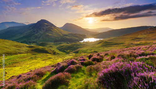 sunset over scottish highlands landscape with purple heather blooms green rolling hills lochs leading to distant mountains beauty generative ai