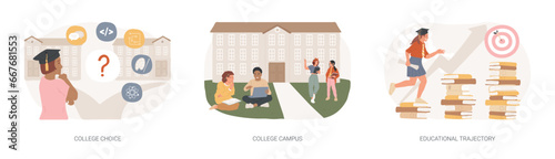 Student life isolated concept vector illustration set. College choice, college campus, educational trajectory, assessment test, graduation, campus tour, university events, library vector concept.