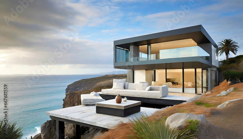 a modern coastal home with a minimalist design on a cliff overlooking the sea outdoor lounge and expansive terraces for enjoying the coastal vistas ideal for background image