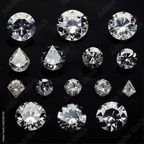 A collection of genuine, precious white diamonds in various shapes and sizes, emitting a radiant sparkle, set against a black background.