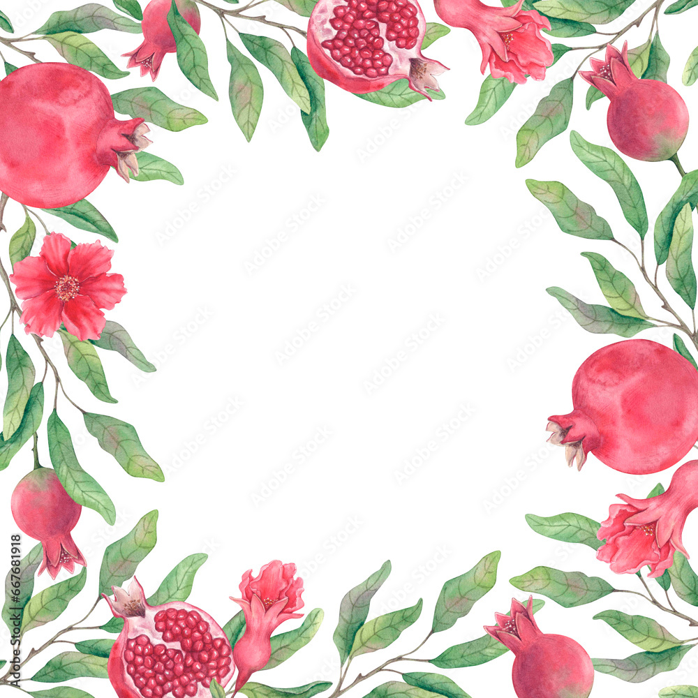 Watercolor frame of red pomegranates and green leaves on white background. Botanical illustration drawn by hand. For print, for postcard.