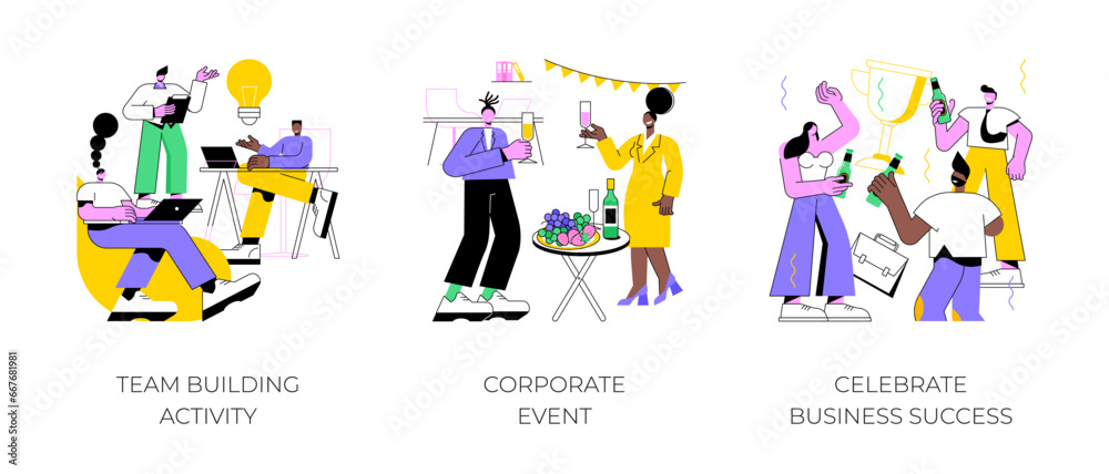 Teamwork activities isolated cartoon vector illustrations set. Team building activity, corporate event, colleagues celebrate business success, professional meetup, successful deal vector cartoon.