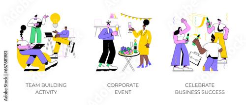 Teamwork activities isolated cartoon vector illustrations set. Team building activity, corporate event, colleagues celebrate business success, professional meetup, successful deal vector cartoon.