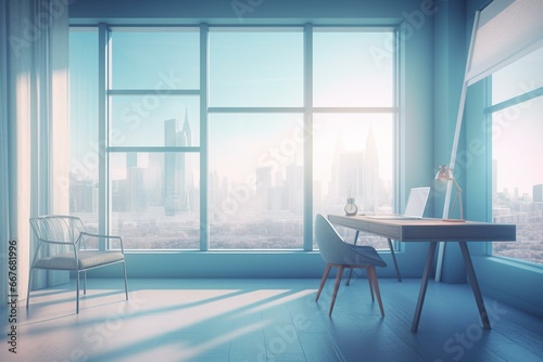 a contemporary  bright work space with furnishings  technology  and urban scenery visible through a curtained window. digitally generated. Generative AI