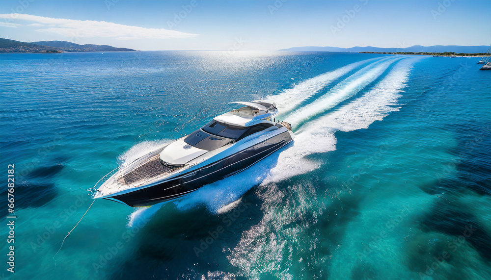 aerial view of a luxury motor boat speed boat on the azure sea in turquoise blue water - obrazy, fototapety, plakaty 