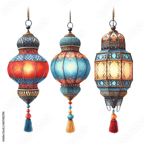 Chinese paper lanterns, asian street decoration, chinatown lanterns. Traditional paper lamp illustrations. Red and yellow festival lights, cultural elements. Generative AI.