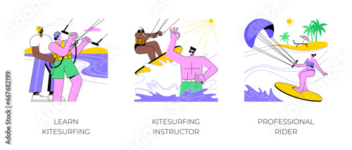 Kitesurfing isolated cartoon vector illustrations set. Water sport lesson, training with instructor at the beach, active holiday, extreme sport, professional rider making trick vector cartoon.