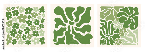 Matisse curves aesthetics. Abstract flower background  set, contemporary floral element, green organic wavy shapes, doodle shapes in trendy naive retro style. Vector illustration 