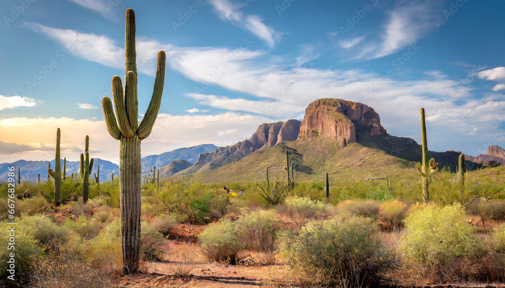 a large saguaro cactus dominates this arid sonoran desert landscape a large saguaro cactus dominates this arid sonoran desert landscape