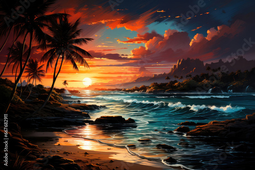 Tropical beach with palm trees and white sand on sunset. Summer vacation and resort concept