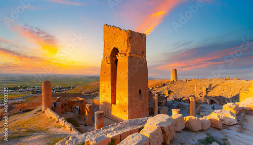 ruins of the ancient city of harran urfa turkey mesopotamia at amazing sunset old astronomy tower photo
