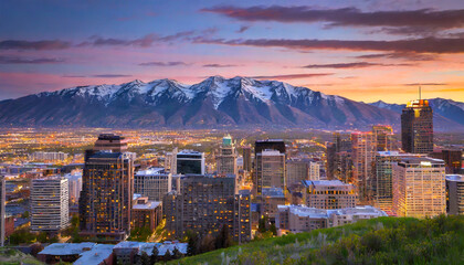 salt lake city skyline at sunset with wasatch mountains in the background utah