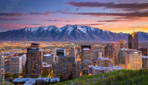 salt lake city skyline at sunset with wasatch mountains in the background utah photo