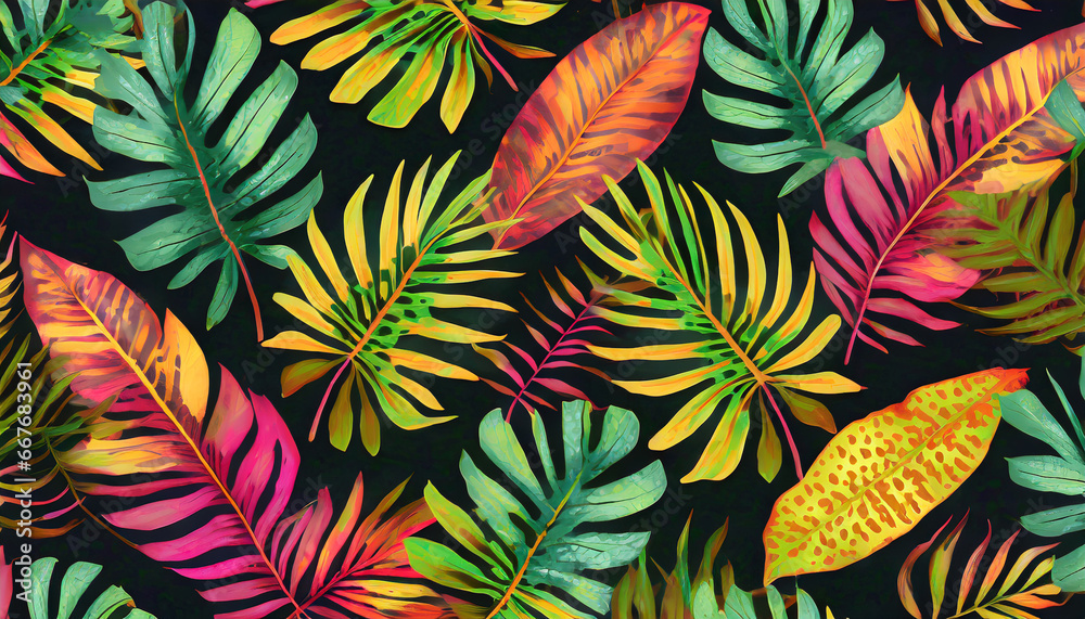tropical leaves in a bright coloured pattern on a dark background tropical leaves in a bright coloured pattern on a dark background