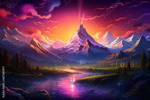 a painting of a sunset with a mountain © Bendix