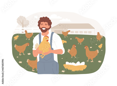 Free run chicken and eggs isolated concept vector illustration. Cage free eggs, organic food, rich nutrient diet, happy chickens, food labeling, organic certification standard vector concept.