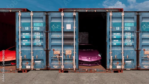 A collection of shipping containers displaying brand-new Lamborghini cars that were stolen for export but recovered by the authorities. photo