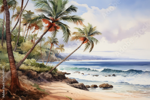 Watercolor painting of palm trees on the beach