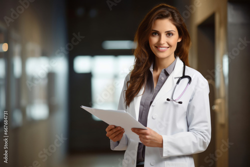 Woman doctor in white coat is holding documents photo