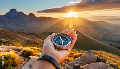 Wallpaper Mural woman hand with magnetic compass in summer mountains at sunrise pov Torontodigital.ca