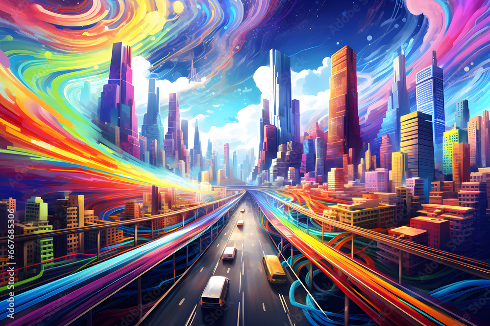Fototapeta premium a city street filled with lots of colorful lights