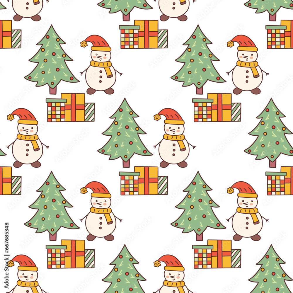Seamless pattern with snowman in scarf and red hat, Christmas tree and gift boxes. Colorful vector illustration doodle hand drawn. New Years symbol, holiday element, white background
