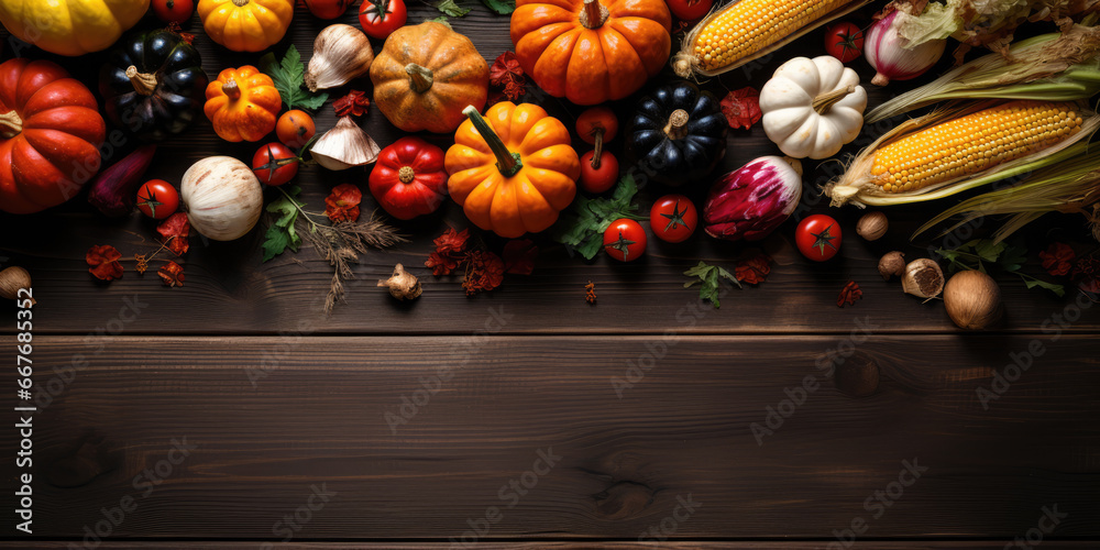 Autumn still life. Pumpkins, corn and other vegetables lie on a wooden table, top view. Thanksgiving Day design. AI generated