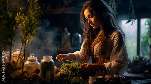 A woman prepares a decoction of herbs. Generative AI,
