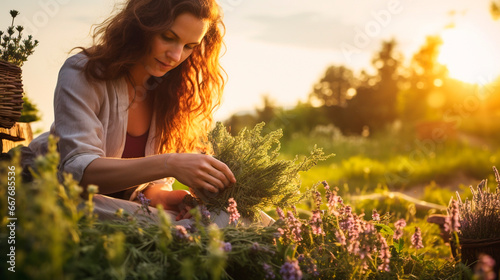 A woman collects medicinal herbs. Generative AI,