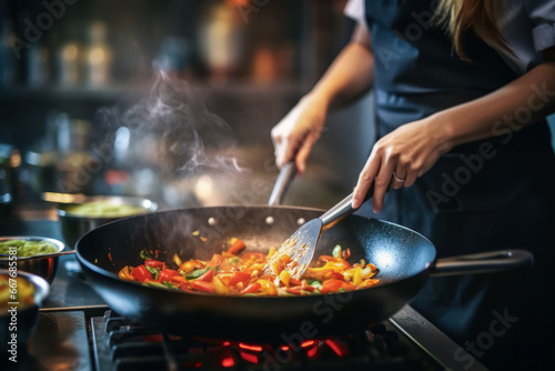 Close up of woman chef with a frying pan cooking on a modern kitchen stove. Working concept of cooking and food.
