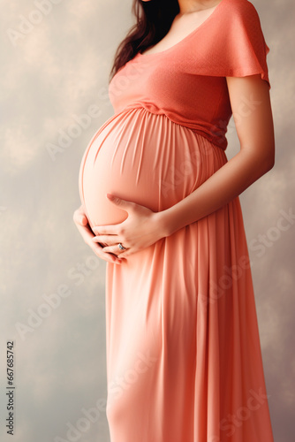 A pregnant woman hugs her belly. Generative AI,