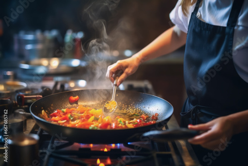 Close up of woman chef with a frying pan cooking on a modern kitchen stove. Working concept of cooking and food.