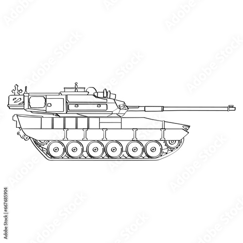 Main battle tank line doodle. Armored fighting vehicle. Special combat military transport. Detailed colorful vector illustration isolated on white background.
