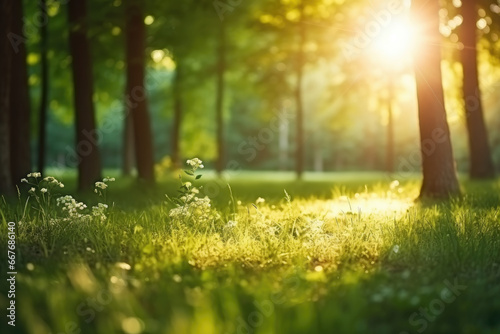 Morning sun rays and green grass landscape