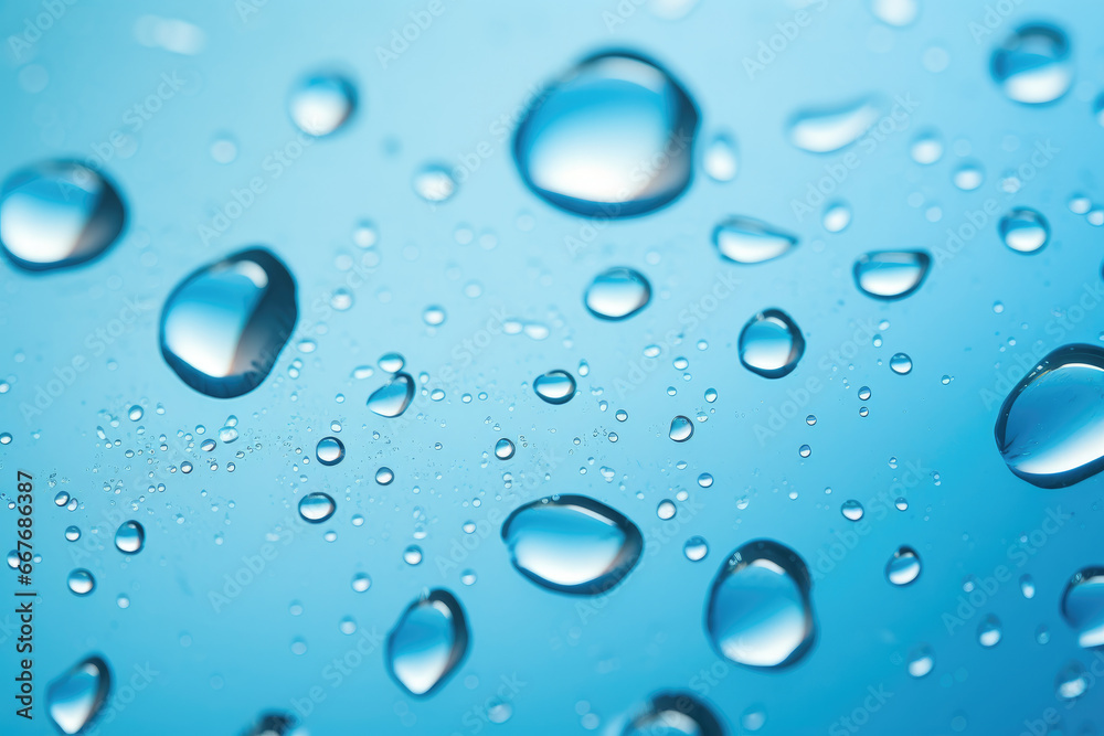 macro photography of transparent water drops on blue background