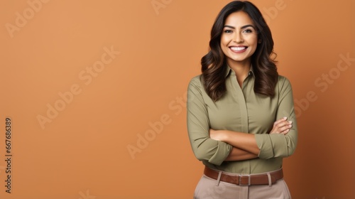Smiling Adult Indian Woman with Brown Straight Hair Photo. Portrait of Business Person on Solid Background. Photorealistic Ai Generated Horizontal Illustration. photo
