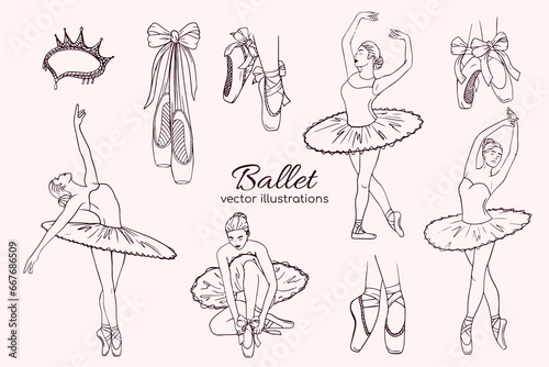 Hand drawn sketch ballet set. Shapes of ballerina, pointe shoe and dress. Linear brush sketch with shadow silhouettes. Pastel contour drawing templates.