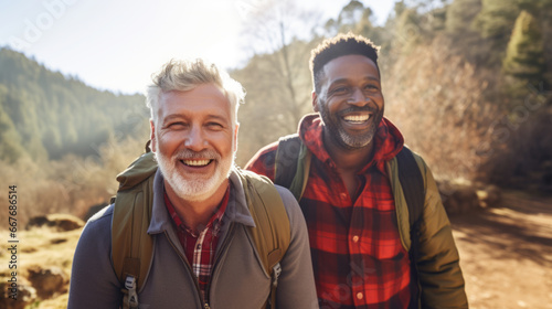 Active retired interracial male couple hiking outdoors