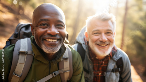 Active retired interracial male couple hiking outdoors photo